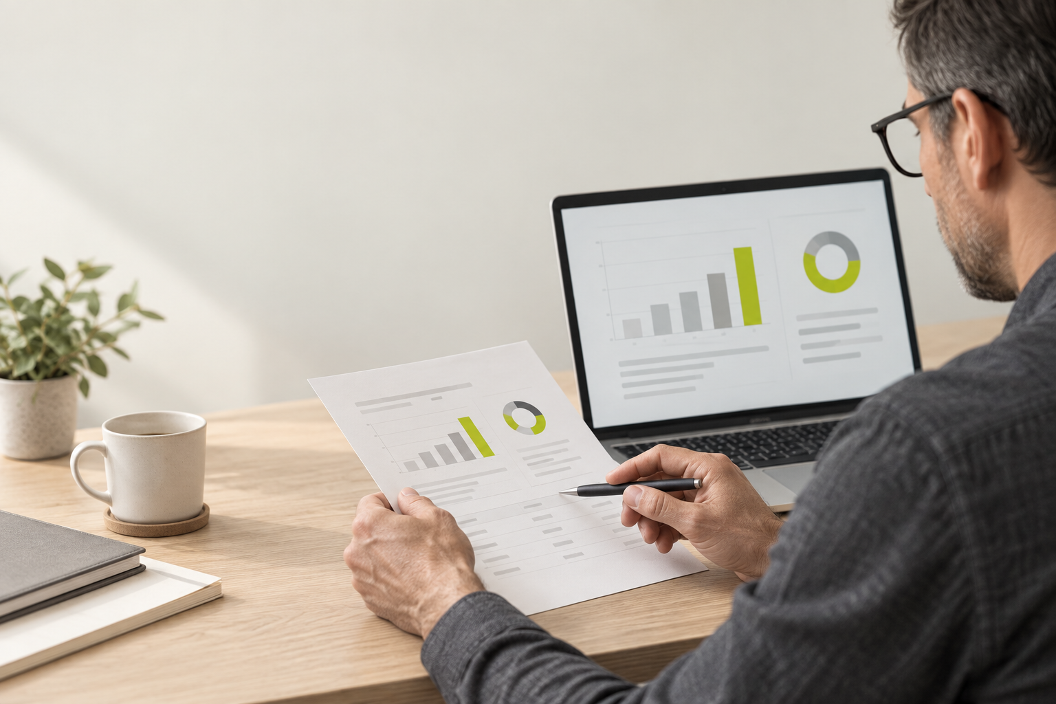 Een adviseur vergelijkt financiële cijfers op papier en scherm
